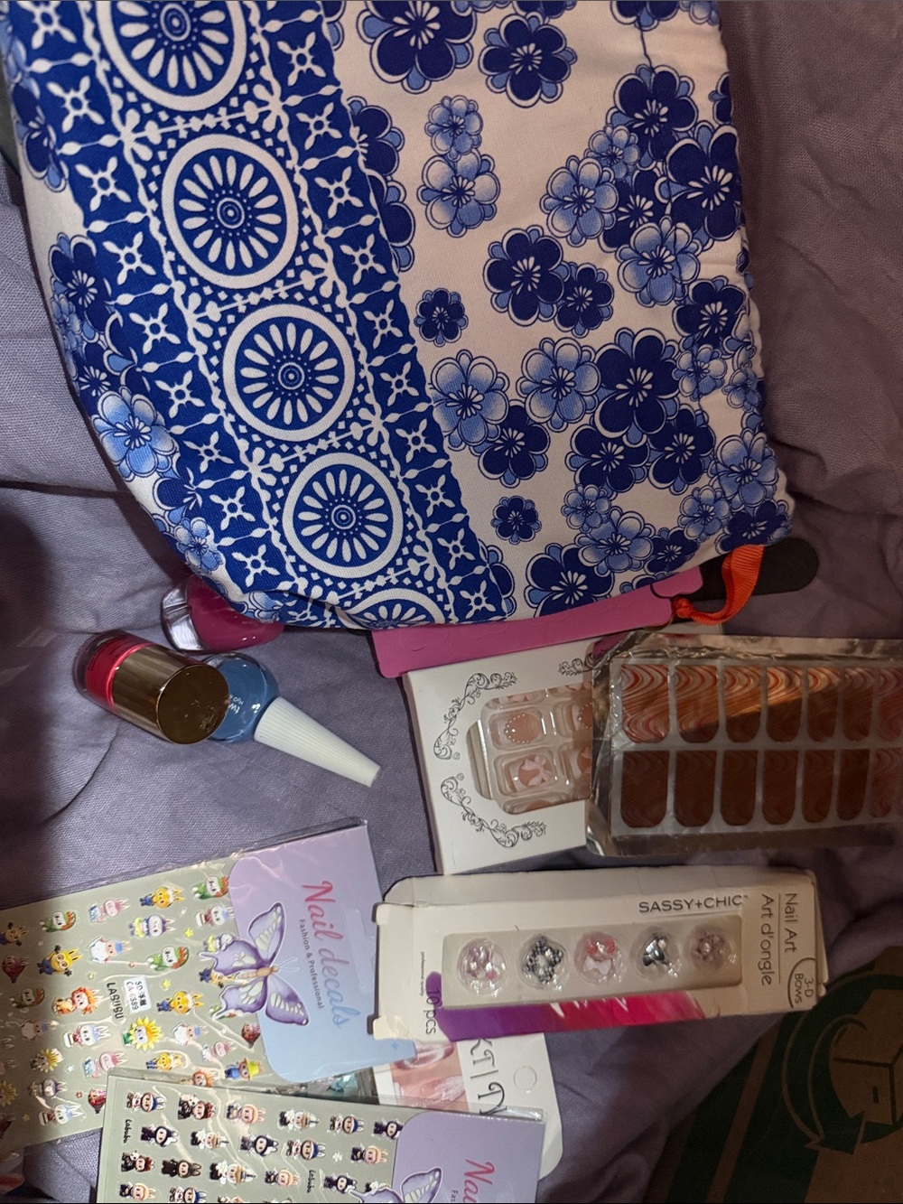 Blue and White Floral Cosmetic Bag filled